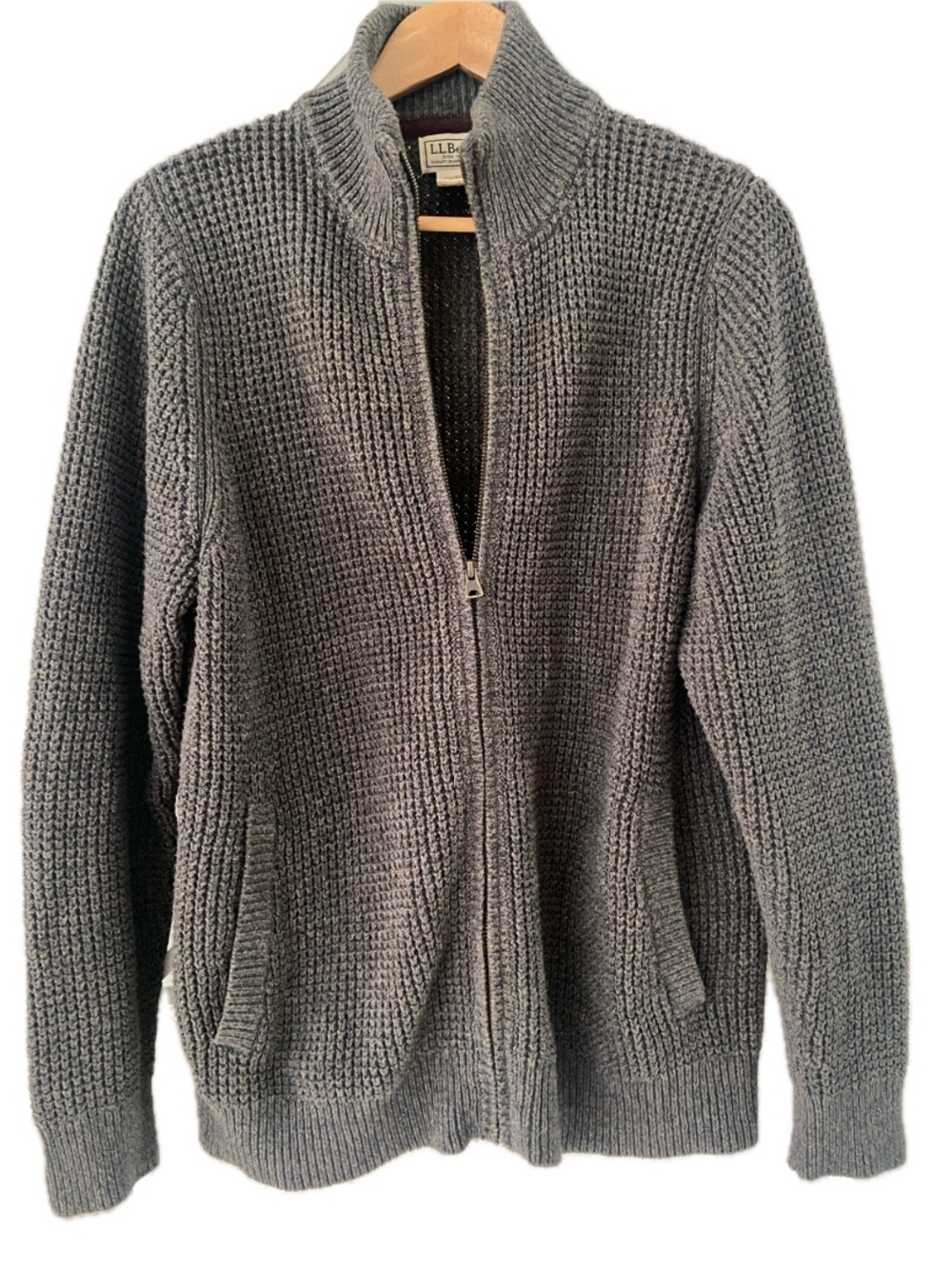 L.L. BEAN Organic Cotton Waffle Knit Sweater Full Zip Medium Brown EUC